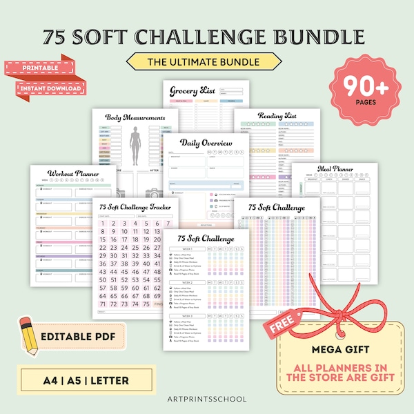 Editable 75 Soft Challenge Tracker Bundle, Printable, Daily 75 Soft Challenge journal, 75 Day Challenge, Habit Tracker, Digital Tracker, PDF