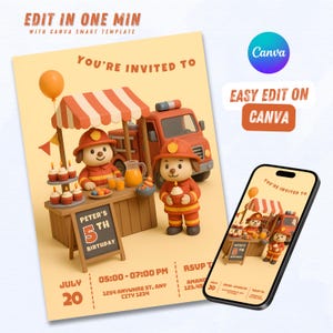 Convite para festa infantil de bombeiro 3D – Modelo de barraca de lanches editável do Canva com caminhão de bombeiro, cupcakes, suco e download digital