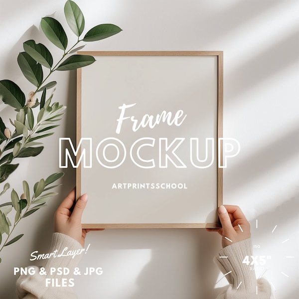 Wood Frame Mockup With Person, 8x10 Ratio Wall Art Mockup, Poster Frame Mockup, Single Frame Mockup, Interior Mockup, Frame Mockup for Art