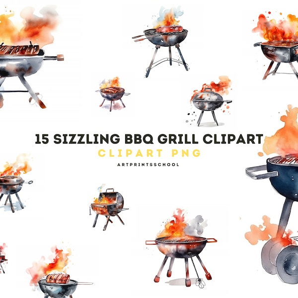 Watercolor BBQ Grill Clipart, Food Clipart, Picnic Clipart, Grill Transparent, Grilled Steak Veggies, BBQ Party Set Commercial Use