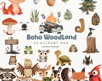 Boho Woodland Animals Clipart Bundle: Watercolor Nursery Decor (Digital Download)