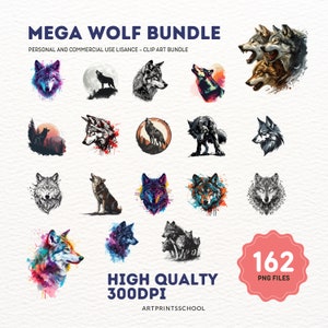 May include: A collection of 162 high-quality wolf illustrations in PNG format. The images feature wolves in various poses and styles, including watercolor, black and white, and cartoon. The images are 300 DPI and perfect for use in digital and print projects.