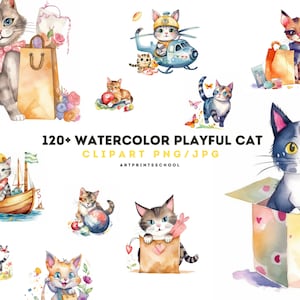 120+ Watercolor Playful Cat Clipart - Cute Cat PNG, Kitten Clipart, Cute Animal Clipart, Digital Art, JPG and PNG, Cat Lover