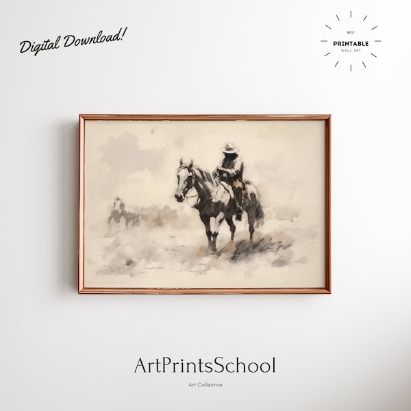 Vintage Western Cowboy Sketch | PRINTABLE Minimalist Neutral Wall Art Digital Download | ArtPrintsSchool | Rustic Painting, Digital Art