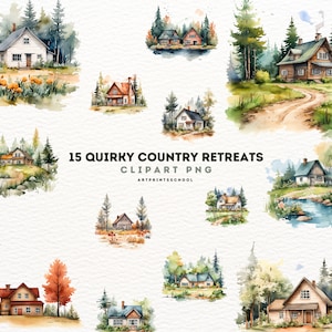 Eigenzinnige Country Retreats Clipart, 15 aquarel hoge kwaliteit PNG, Memory Book, Junk Journal, Planners, Commercieel Gebruik, Digitale Download