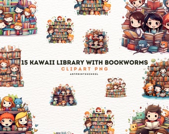 Kawaii Library Clipart: 15 Bookworm PNG Illustrations (Commercial Use)