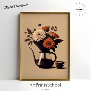 Coffee Print Wall Art Printable, Minimalist Wall Art Coffee & Flowers, Coffee Lover Gift, Trendy wall print, Coffee Bar poster, Retro Poster
