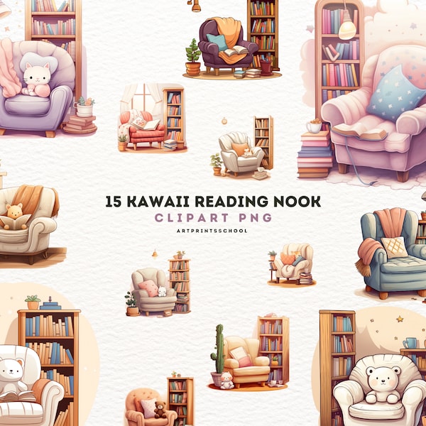 Kawaii Reading Nook Scenes clip art, 15 High Quality JPG planner, Spring living room, sticker junk journal, scrapbooking, Digital paper,