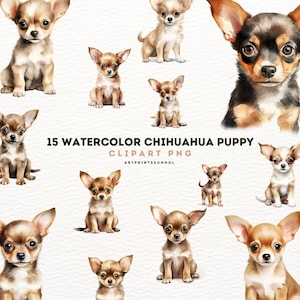 Chihuahua Puppy Clipart, Aquarelle 15 PNG, Téléchargement numérique, Cute Puppy Clipart For Craft Scrapbook Pet Clipart Aquarelle Cute Dog Clipart