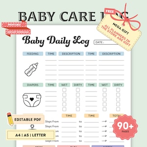 Registro giornaliero del bambino modificabile, stampabile, registro della cura del bambino, registro della tata, pianificatore di monitoraggio del bambino, registro del bambino, registro del neonato, registro giornaliero del neonato, digitale
