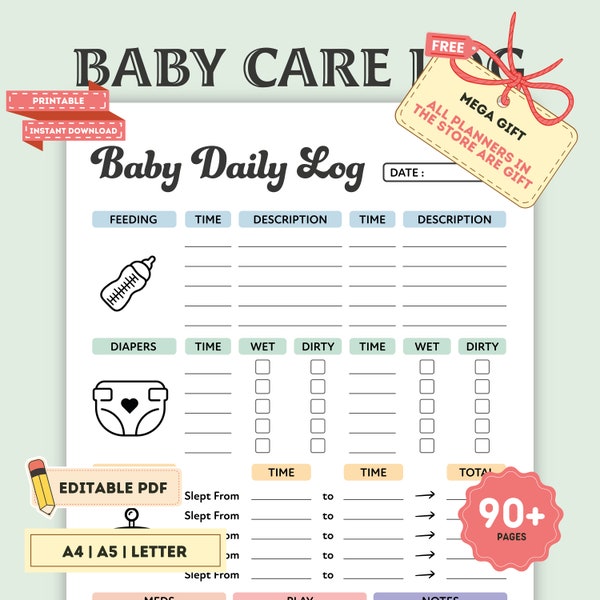 Bearbeitbares Baby-Tagebuch, druckbar, Babypflege-Tagebuch, Nanny-Tagebuch, Baby-Tracker-Planer, Baby-Tagebuch, Neugeborenentagebuch, tägliches Tagebuch, Digital