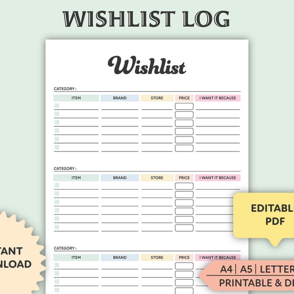 Editable Wishlist Tracker, Printable, Things to Buy, Christmas Wish List, Want List Template, Shopping List, Store Buying List, Gifts for Me