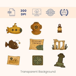 Clipart PNG de exploración submarina / Conjunto de pegatinas de aventura en las profundidades del océano / Imágenes prediseñadas de submarino y casco de buzo