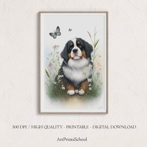 Arte imprimible de la pared del perro de montaña de Bernese, arte lindo de la pared del perro, arte de la pared del vivero, vivero del cachorro, ilustración del perro, arte imprimible, arte de la pared de los niños