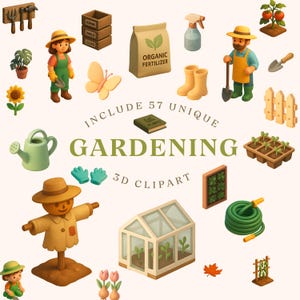 Pacote de clipart de jardinagem PNG – Ferramentas de jardim isométricas 3D, plantas, vasos, árvores – PNGs transparentes de alta qualidade de 300 DPI