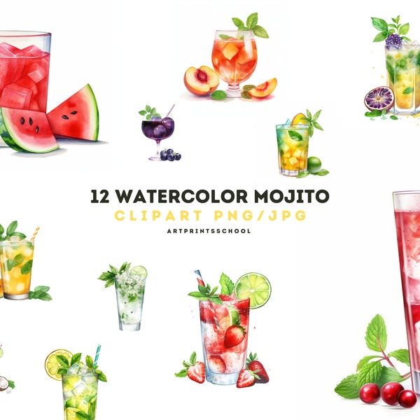 Watercolor Fruit Mojito Clipart - Refreshing Cocktail Graphics for Designs, Summer Cliprat, Digital Art, JPG and PNG,