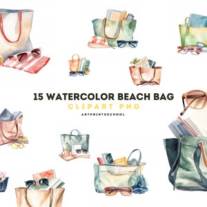 Watercolor Beach Bag Clipart, 15 high quality JPEG and PNG files, Summer Vacation Clipart, Holiday Travel Clip Art, Printable Graphics, PNG