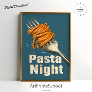 Impresión de cocina para la Noche de Pasta: Póster de espaguetis de mediados de siglo (Descarga digital)