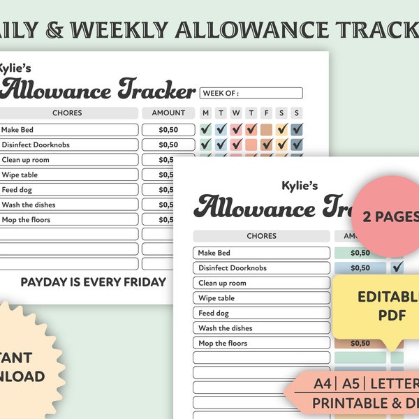 Editable Allowance Tracker for Kids, Printable, Chore Chart for Kids, Kids To Do List, Earn Money Chart, Allowance Chart, Kids Savings