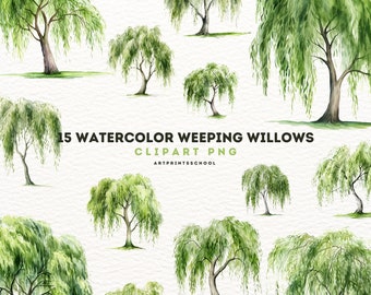 Weeping Willows Clipart Bundle, 15 Watercolor PNG Files, Digital Crafting Bundle, Paper Craft, Junk Journal, Tree Clip Art, Scrapbooking