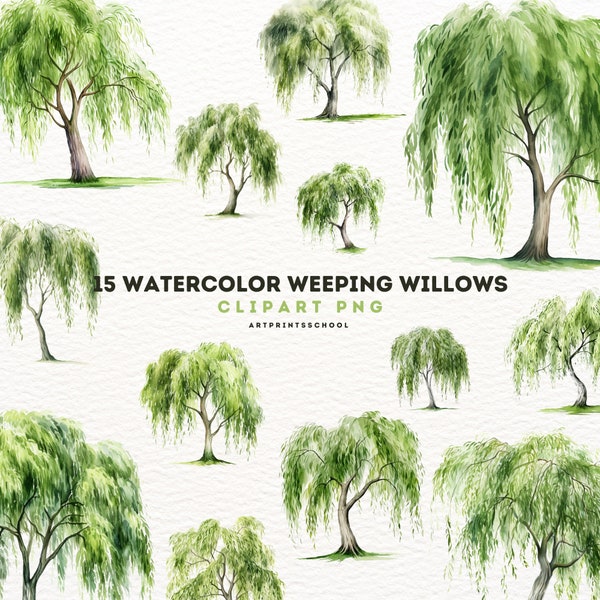 Weeping Willows Clipart Bundle, 15 Watercolor PNG Files, Digital Crafting Bundle, Paper Craft, Junk Journal, Tree Clip Art, Scrapbooking
