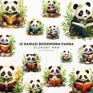 Kawaii Bookworm Panda Clipart, Panda PNG, Baby Panda, Panda Bear, Jungle Animals Clip Art, Animal Clipart, Sublimação PNG, Download Digital