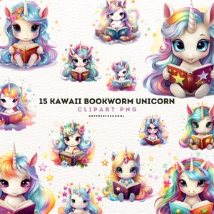 Kawaii Bookworm Unicorn Clipart: Rainbow Graphics (PNG, Digital Download)