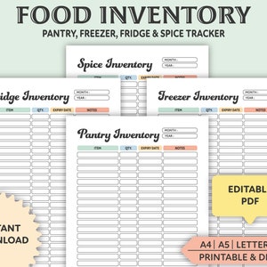 Editable Food Inventory Tracker, Printable, Pantry Inventory, Freezer Inventory, Fridge, Spice Inventory, Pantry List, Kitchen Inventory