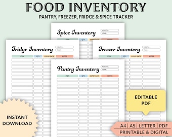 Editable Food Inventory Tracker, Printable, Pantry Inventory, Freezer Inventory, Fridge, Spice Inventory, Pantry List, Kitchen Inventory