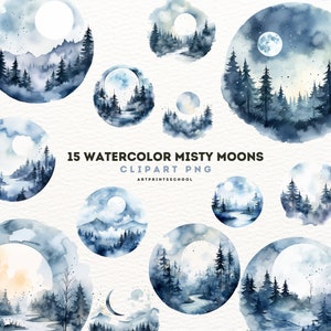 Misty Moons Clipart, 15 Watercolor High Quality PNG, Enchanted Night Graphics, Scrapbook, Moon Art,  Commercial Use, Digital Download