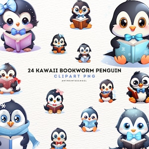 Kawaii Pinguin Clipart Bundle: Bücherwurm PNG Grafiken (digitaler Download)