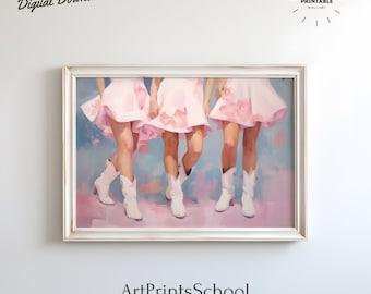 Impresión de botas de vaquera, cartel de pintura rosa costera, impresión descargable retro / arte de pared occidental femenino / pintura rosa, moda estética de la década de 1950