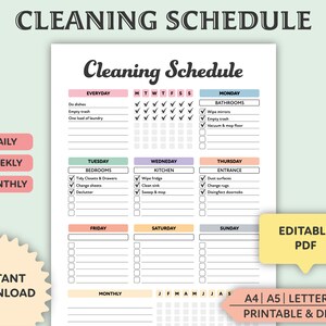 Editable Cleaning Schedule, Printable, Cleaning Checklist, Daily, Weekly, Monthly Cleaning Planner, Home Cleaning Chore Chart List, Digital