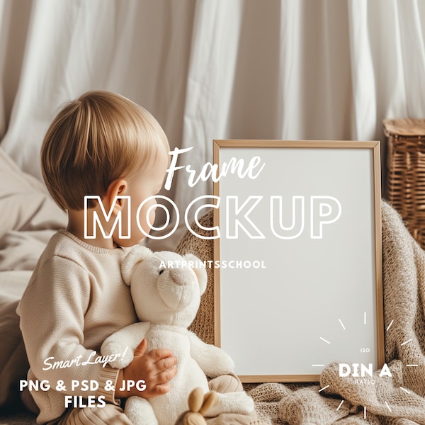 Kwekerij Frame Mockup voor kinderkamer | Din A Ratio kwekerij frame mockup met kind persoon, kinderkamer mockup, kinderkamer mockup, babyframe