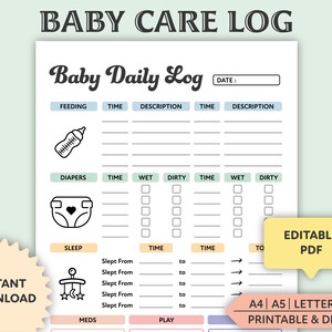 Editable Baby Daily Log Printable Baby Care Log Nanny Log Baby Tracker ...