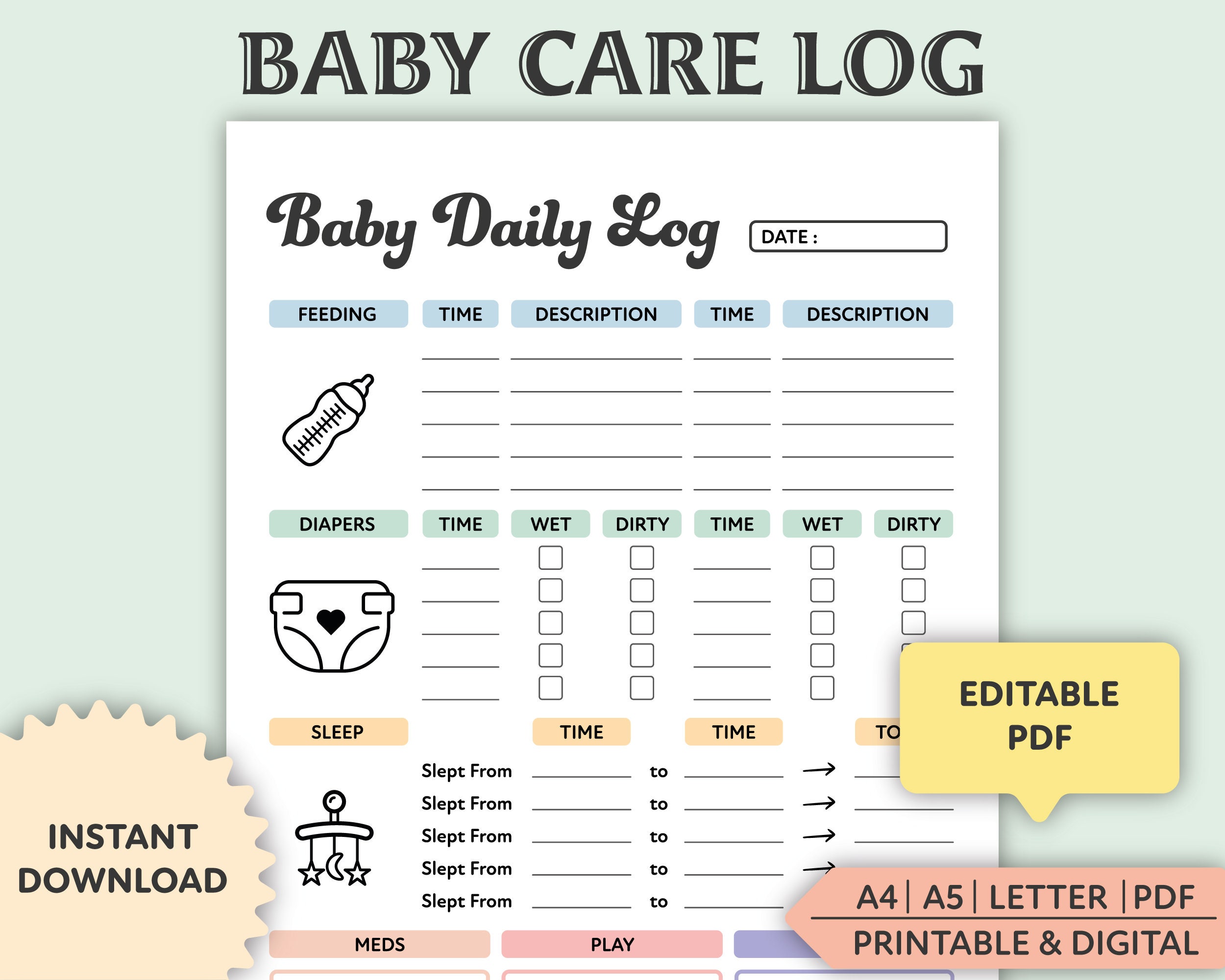 Baby Daily Log Printable Baby Checklist Baby Chart Routine Log 