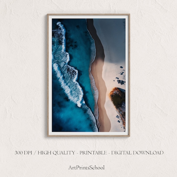 Printable Stunning Beach Wall Art, Aerial Ocean Print, Modern Coastal Wall Art, Beach Themed Wall Art, Indigo Blue Wall Decor