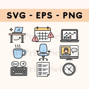 May include: Set of nine black and white line icons depicting various aspects of working from home, including a laptop on a desk, a calendar with exclamation points, a laptop with a graph, a coffee mug, an office chair, a computer screen with a person on it, a keyboard, a checklist, and a clock.