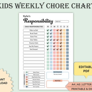 Kids Chore Chart: Editable Responsibility Checklist (Printable PDF)