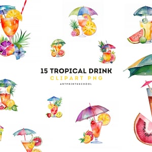 Watercolor Tropical Drink Clipart, Tropical Summer Cocktail, Commercial Use License, POD Watercolor Clip Art Files, PNG