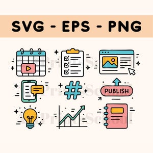 Zestaw clipartów do planowania treści | Pliki SVG, EPS, PNG | Grafiki strategii mediów społecznościowych w stylu Doodle dla twórców cyfrowych