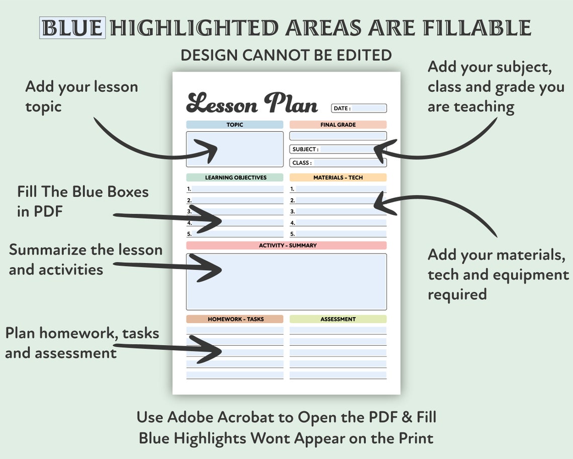 Editable Lesson Plan Template Printable Weekly Lesson - Etsy