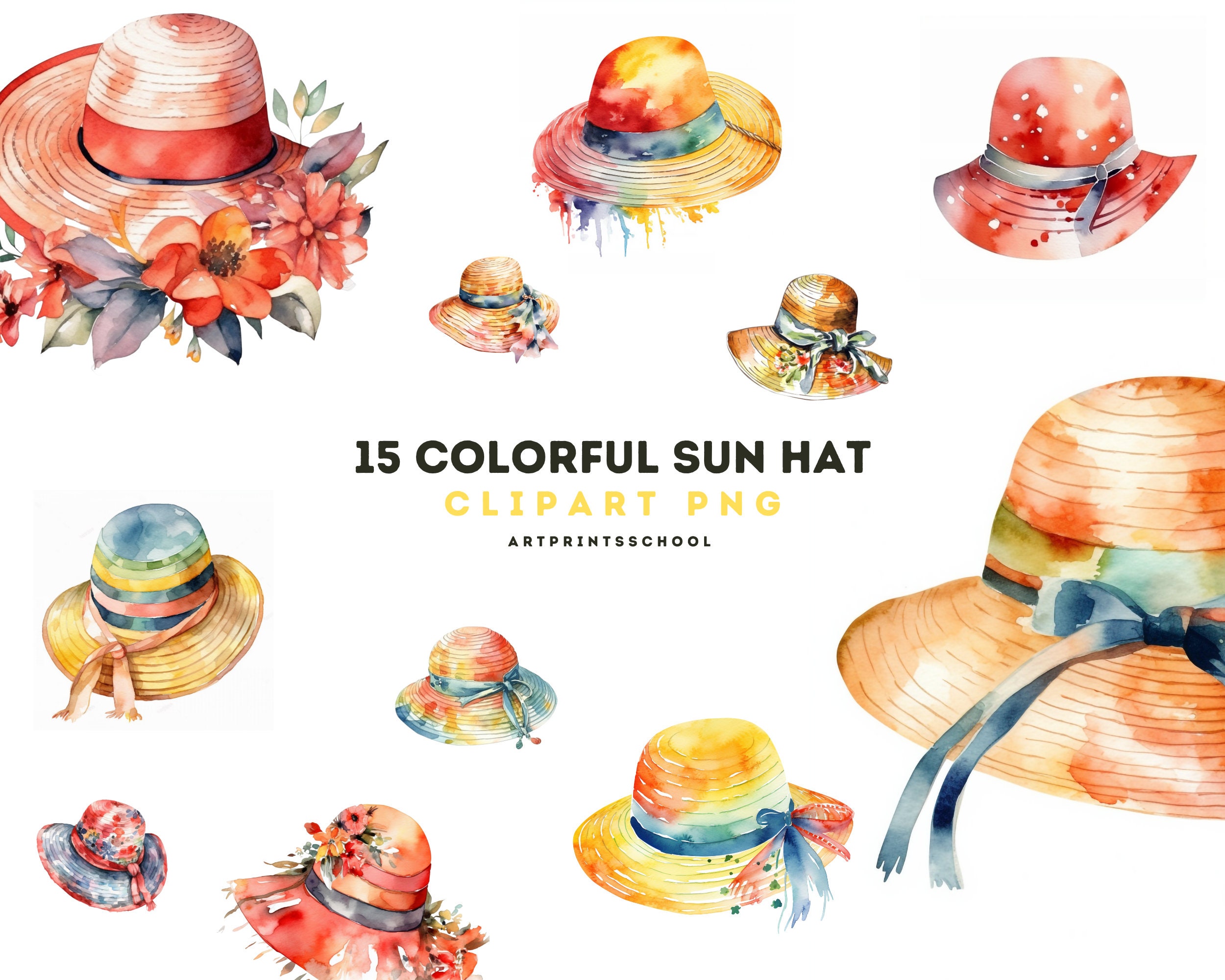 Watercolor Sun Hat Clipart, Floppy Hat, Crochet Girl Summer Hat