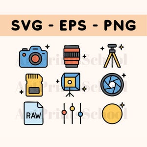 Photography Tools Svg Clipart Set | SVG, EPS, PNG Files | Colorful Doodle Style Camera Elements for Creators and Photographers