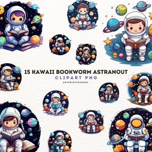 Bookworm Astronaut Clipart, Kawaii clipart, pacote PNG, download digital, arquivos de sublimação, decalque de parede do berçário, aniversário, astronauta fofo
