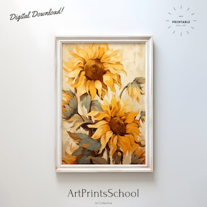 Art mural tournesols | impression botanique vintage | Décoration murale pour salon | Illustrations florales | Art floral imprimable en téléchargement numérique