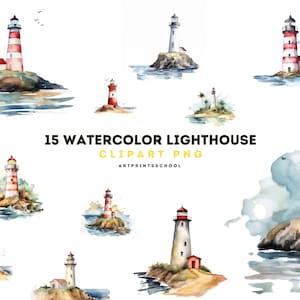 Clipart del faro dell'acquerello, 15 JPG del faro di alta qualità, per la creazione di cartoline, supporti misti, lavori con la carta digitale e altro ancora, download digitale