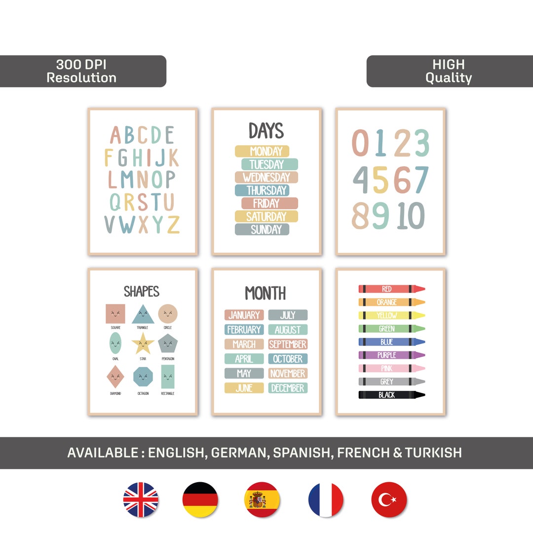 Educational Posters Nursery Wall Art Alphabet Posters, Printable Set of ...