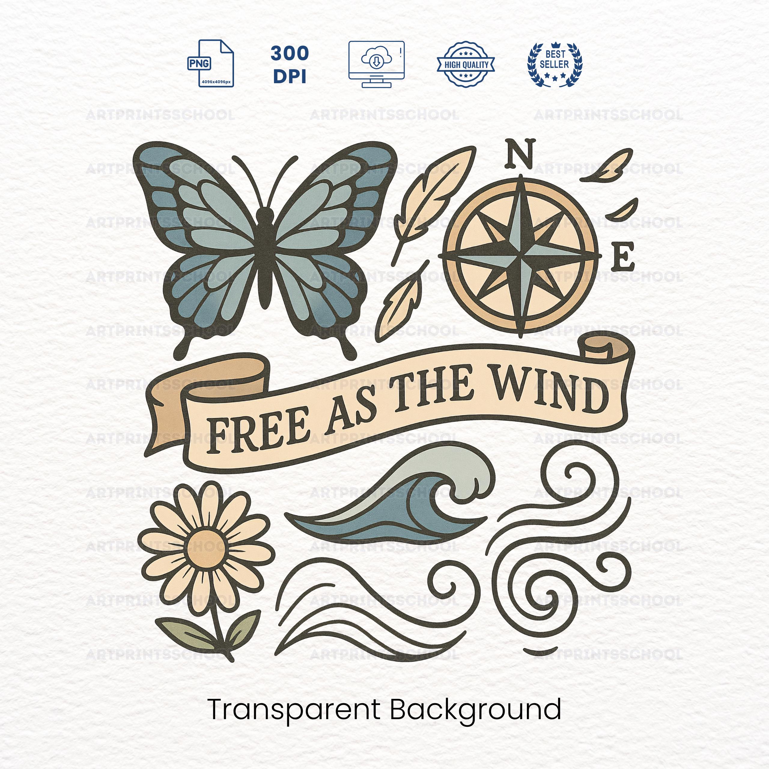 Boho Butterfly Compass PNG: Tattoo Flash Clipart for Wanderlust Designs ...