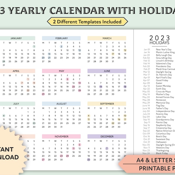 2023 Year Calendar with Holidays on One Page, Printable, Landscape, Colorful Wall Calendar, Desk Calendar, Monday Start, A4/Letter